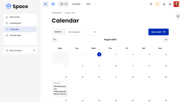 Moodle Dashboard Premium Theme Calendar View